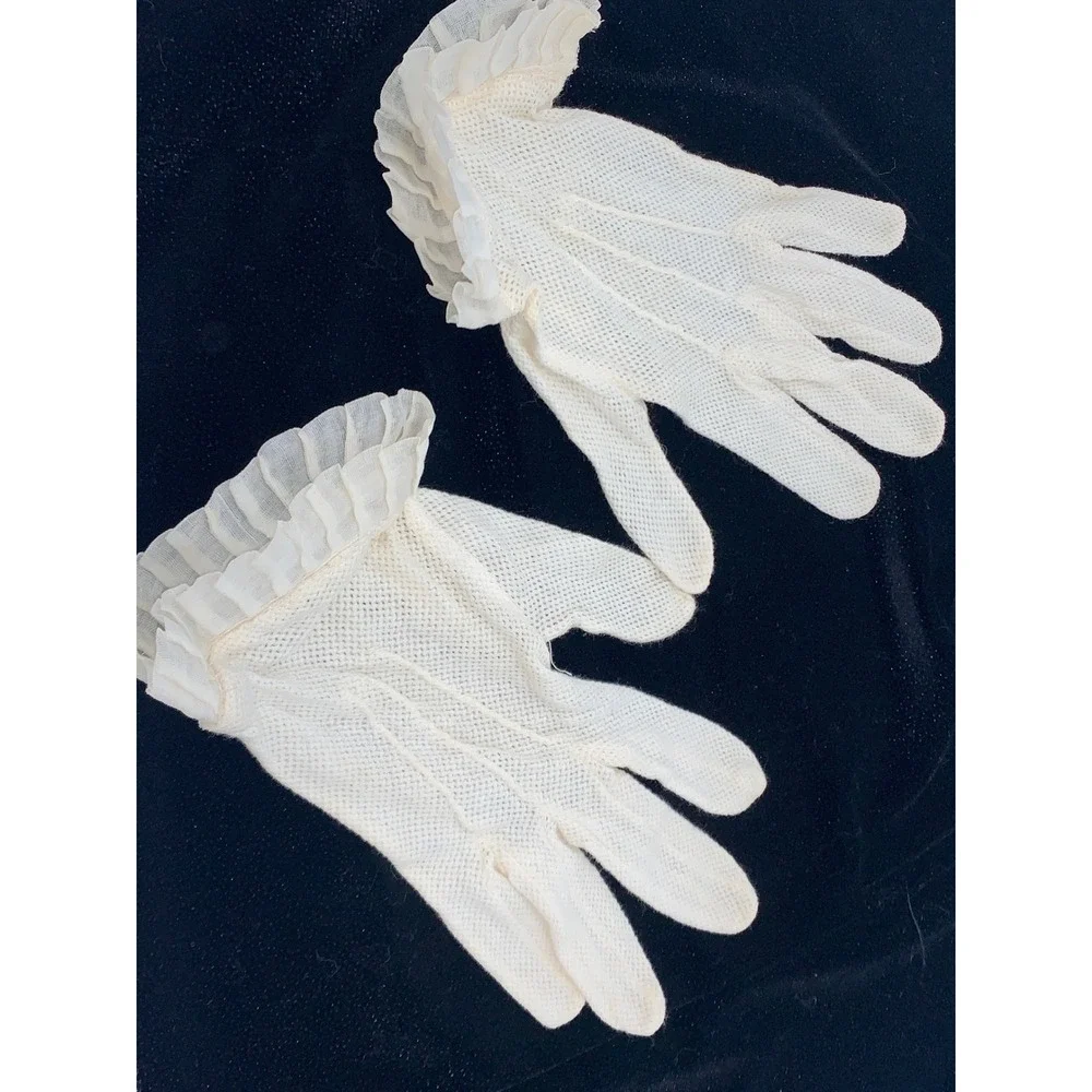 Vintage 1950s Ivory Mesh Crochet Gloves Sheer Ruffle Cuffs Tea Party Church